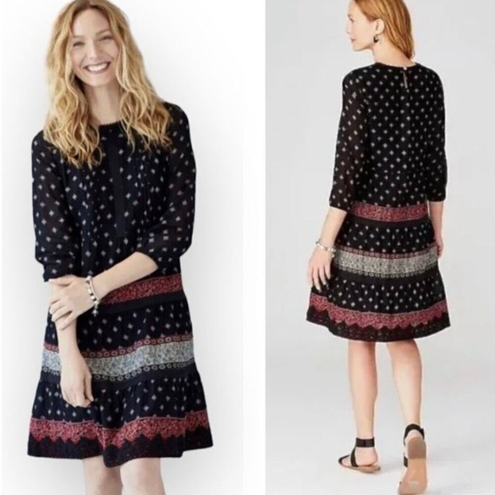 J Jill Pintucked Lace Trim Midi Dress Tiered A-Line Black Red Women Medium Boho